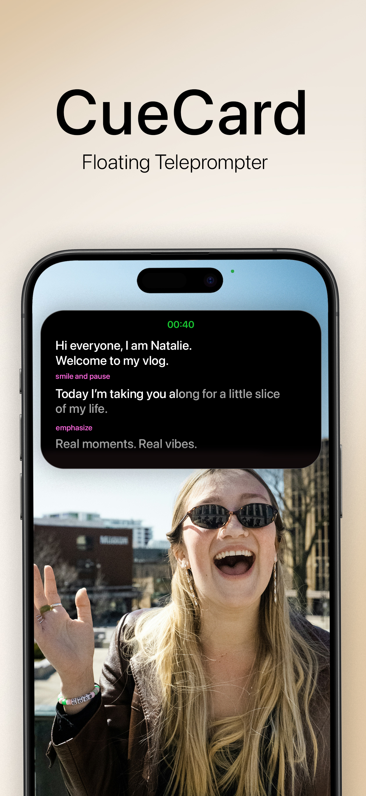 CueCard Teleprompter floating over camera