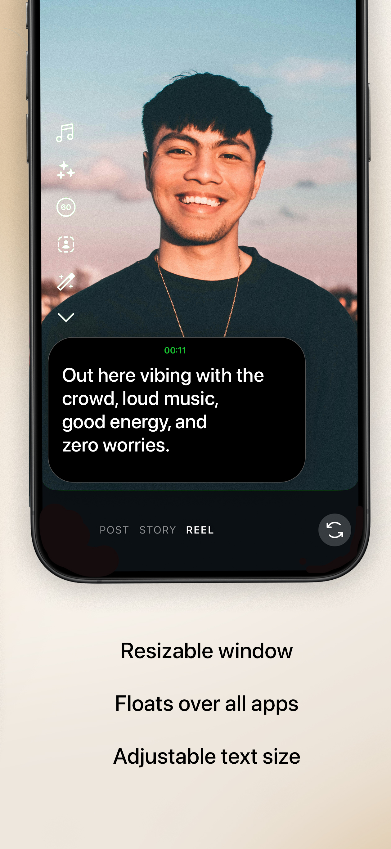 CueCard features - resizable, floats over apps