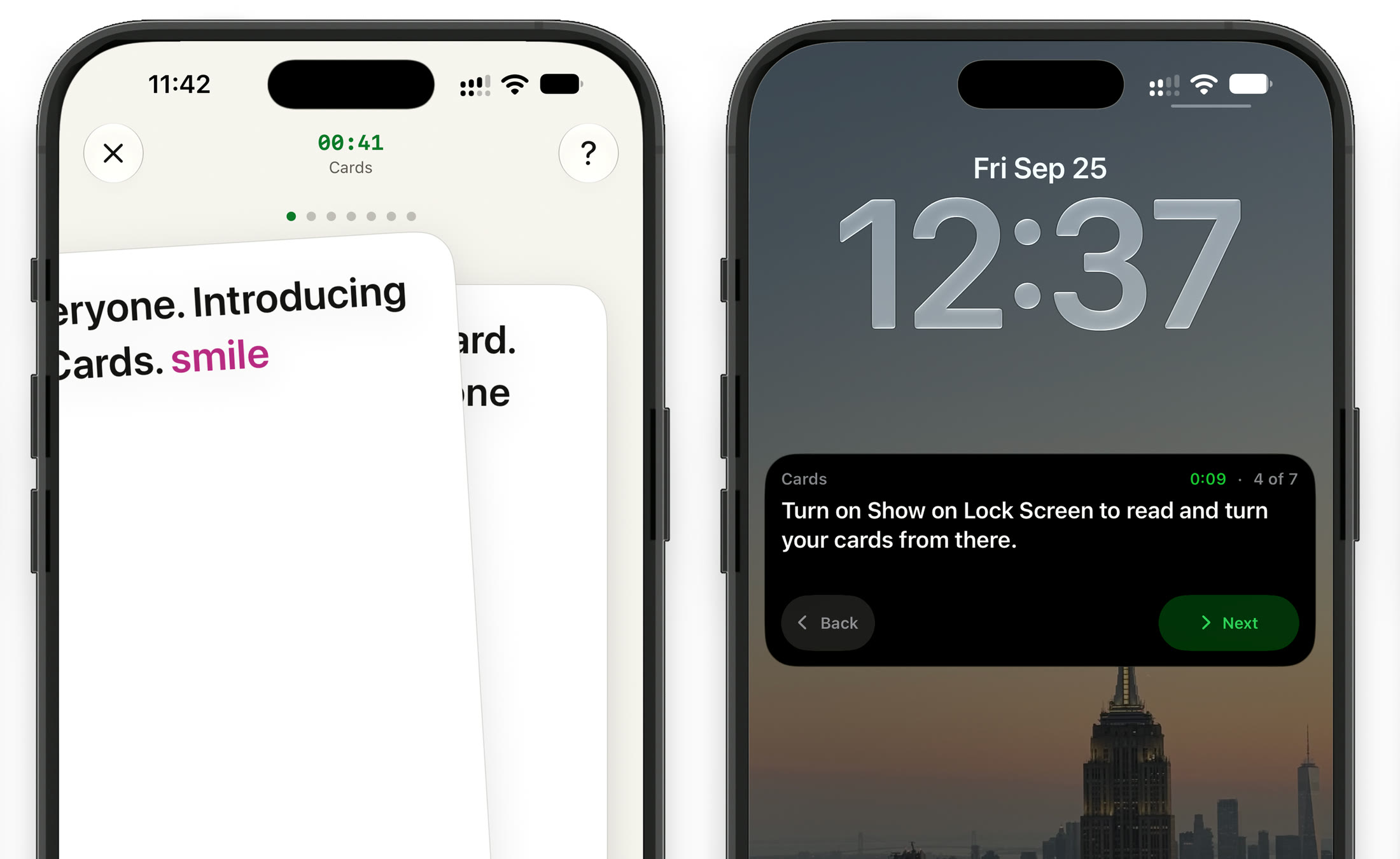 CueCard's Cards mode on iPhone: a card being swiped away with the next one behind it and a timer at the top, and a card on the Lock Screen with the timer, 4 of 7, and Back and Next buttons.