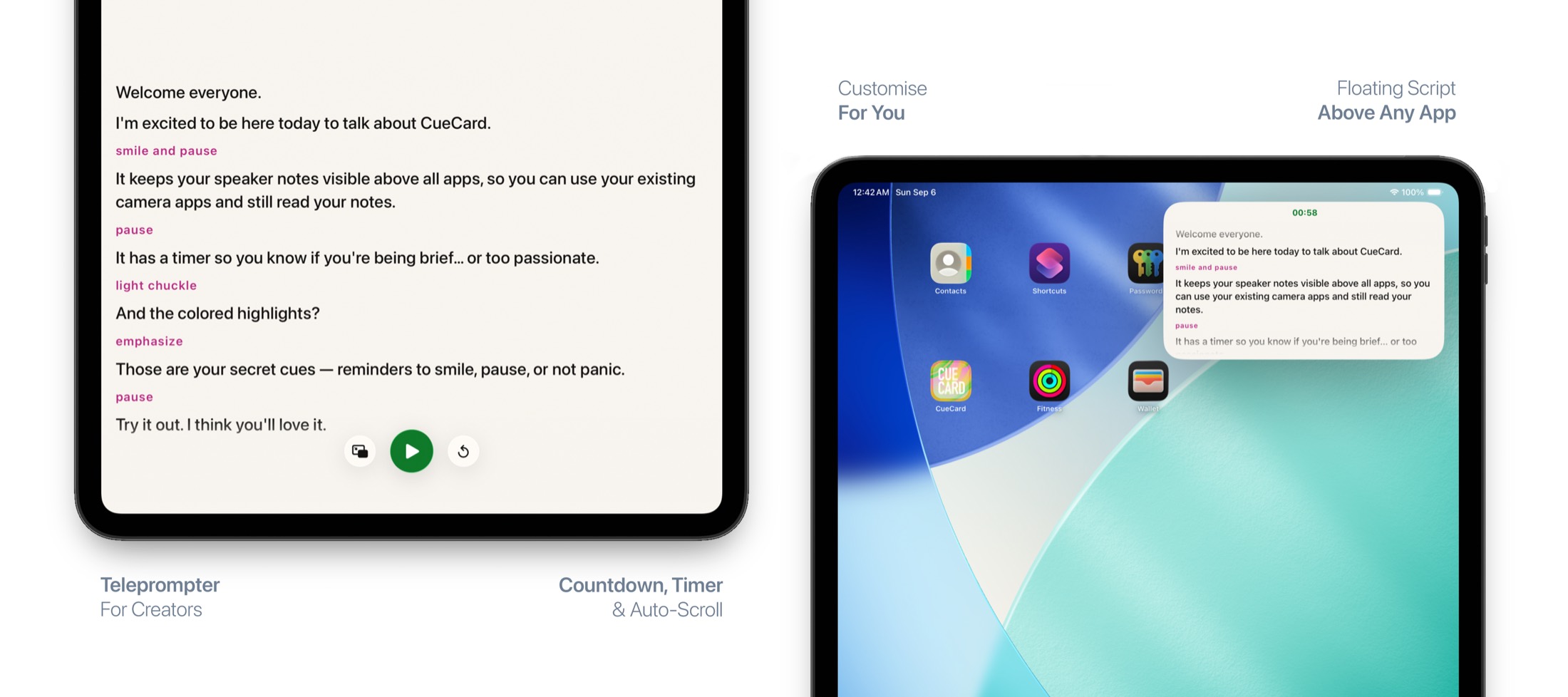 CueCard Teleprompter on iPad: the script filling the screen with play and restart controls, and the floating prompter window sitting on top of the home screen.