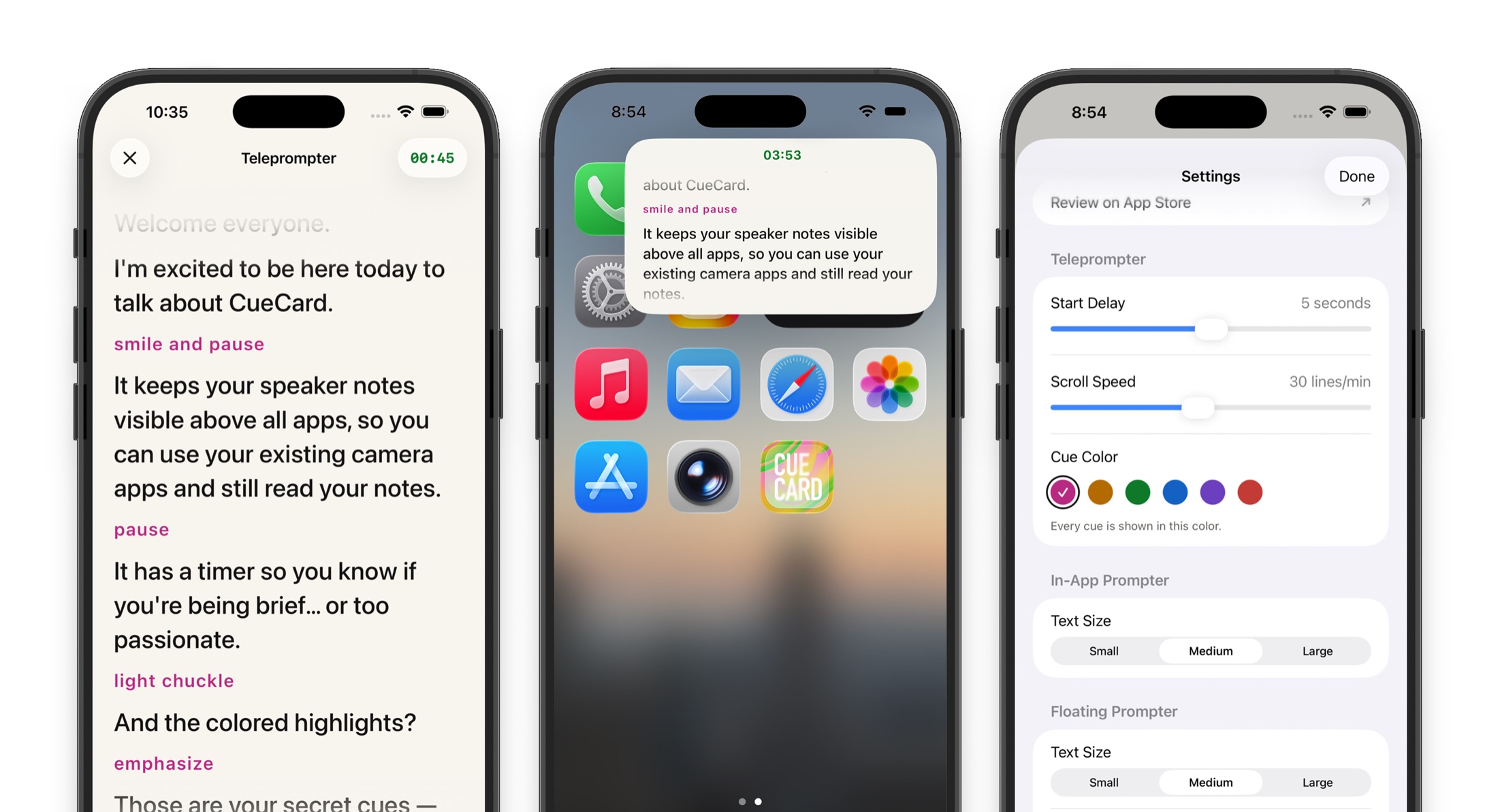 CueCard Teleprompter on iPhone: the script scrolling with cues in pink and a timer running, the floating prompter window sitting on top of the home screen, and the settings for start delay, scroll speed, cue colour and text size.